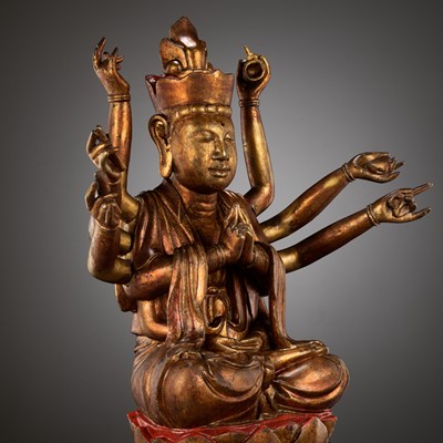 Lot 617 - A LARGE GILT-LACQUERED WOOD FIGURE OF AVALOKITESHVARA, VIETNAM, 18TH-19TH CENTURY