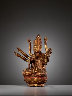 Lot 617 - A LARGE GILT-LACQUERED WOOD FIGURE OF AVALOKITESHVARA, VIETNAM, 18TH-19TH CENTURY