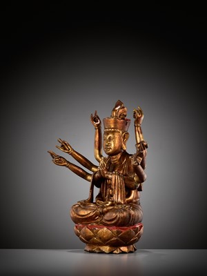 Lot 617 - A LARGE GILT-LACQUERED WOOD FIGURE OF AVALOKITESHVARA, VIETNAM, 18TH-19TH CENTURY