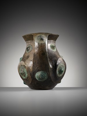 Lot 148 - A BLACK POTTERY AMPHORA WITH APPLIED COPPER BOSSES, LIFAN, HAN DYNASTY