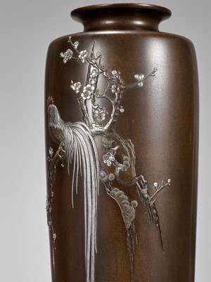 Lot 121 - KOITSU: A FINE AND LARGE NOGAWA COMPANY INLAID BRONZE VASE WITH A LONG-TAILED ROOSTER AND CHERRY BLOSSOMS