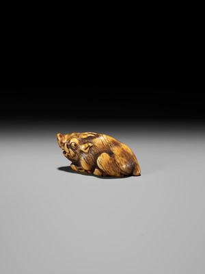 Lot 43 - A KYOTO SCHOOL IVORY NETSUKE OF A FRIGHTENED RECLINING BOAR, SIGNED TOMOTADA