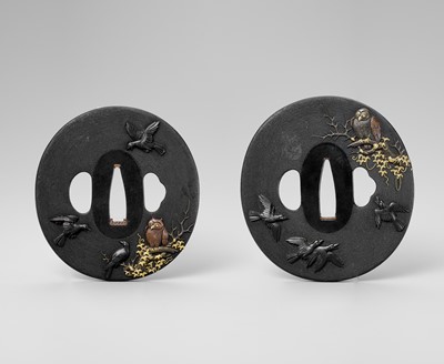 Lot 443 - MASAYOSHI: A SUPERB ISHIGURO SCHOOL NANAKO SHAKUDO TSUBA DAISHO SET WITH CROWS AND OWLS