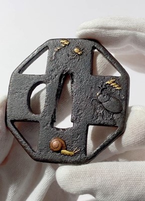 Lot 197 - AN IRON SUKASHI TSUBA WITH INSECTS AND SNAIL