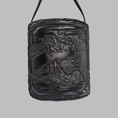 Lot 497 - ZONSEI: A FINE TSUIKOKU (CARVED BLACK LACQUER) FOUR-CASE INRO DEPICTING CHORYO AND KOSEKIKO