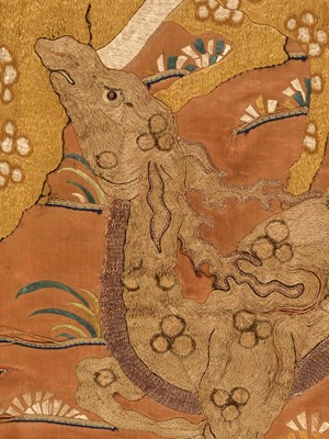 Lot 535 - A SILK EMBROIDERED ‘DEER’ PANEL, 18TH CENTURY