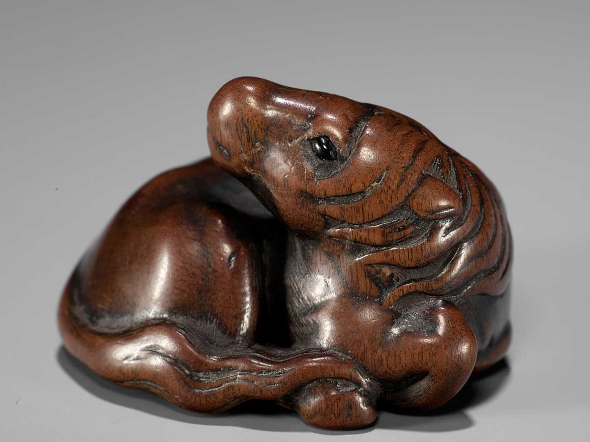 Lot 672 - IKKAN: A SUPERB WOOD NETSUKE OF A RECUMBENT