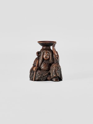 Lot 371 - HIDEHARU: A NAGOYA SCHOOL WOOD NETSUKE OF A DRUNKEN SHOJO WITH LADLE AND SAKE SAUCER
