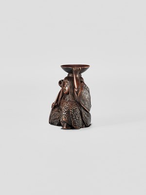 Lot 371 - HIDEHARU: A NAGOYA SCHOOL WOOD NETSUKE OF A DRUNKEN SHOJO WITH LADLE AND SAKE SAUCER