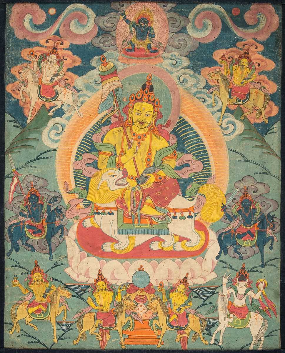 Lot 262 - A THANGKA OF VAISHRAVANA, 19TH CENTURY