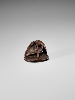 Lot 342 - SEIGYOKU: A WOOD NETSUKE OF THREE TURTLES IN A PYRAMID