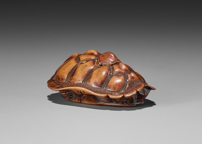 Lot 891 - MASANAO: A WOOD NETSUKE OF A TORTOISE, EDO PERIOD