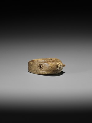 Lot 382 - GYOKUZAN: AN IVORY NETSUKE OF TWO SAMURAI FIGHTING IN A HUGE ABUMI (STIRRUP)