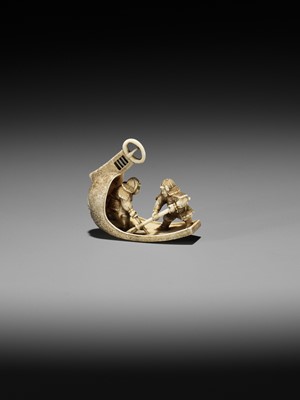 Lot 382 - GYOKUZAN: AN IVORY NETSUKE OF TWO SAMURAI FIGHTING IN A HUGE ABUMI (STIRRUP)