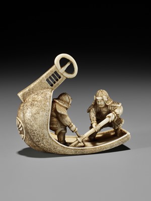 Lot 382 - GYOKUZAN: AN IVORY NETSUKE OF TWO SAMURAI FIGHTING IN A HUGE ABUMI (STIRRUP)