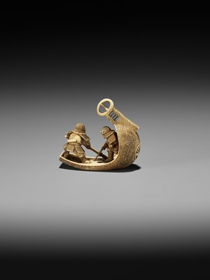 Lot 382 - GYOKUZAN: AN IVORY NETSUKE OF TWO SAMURAI FIGHTING IN A HUGE ABUMI (STIRRUP)