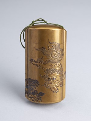 Lot 495 - HAKKISAI: A GOLD LACQUER FOUR-CASE INRO DEPICTING A SHISHI AND PEONY