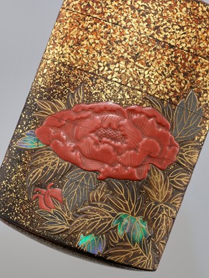 KOMA KORYU: A FINE LACQUER FOUR-CASE INRO WITH PEONIES