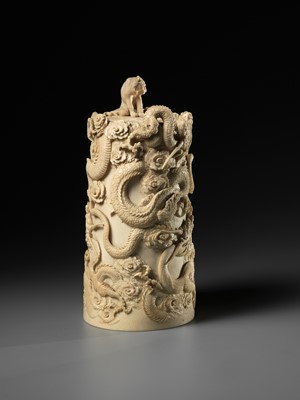 Lot 271 - A SUPERB AND LARGE IVORY TUSK BOX AND COVER DEPICTING A TIGER AND DRAGONS