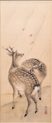 Lot 292 - A SIGNED PAINTING OF TWO DEER, MEIJI