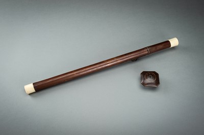 Lot 39 - A BAMBOO OPIUM PIPE WITH BONE, BRASS AND YIXING CERAMIC FITTINGS, QING