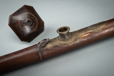 Lot 39 - A BAMBOO OPIUM PIPE WITH BONE, BRASS AND YIXING CERAMIC FITTINGS, QING