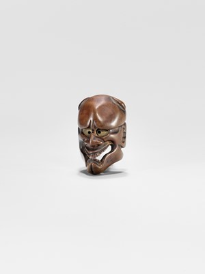 Lot 430 - DEME UMAN: A WOOD MASK NETSUKE OF KIJO