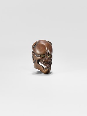 Lot 430 - DEME UMAN: A WOOD MASK NETSUKE OF KIJO