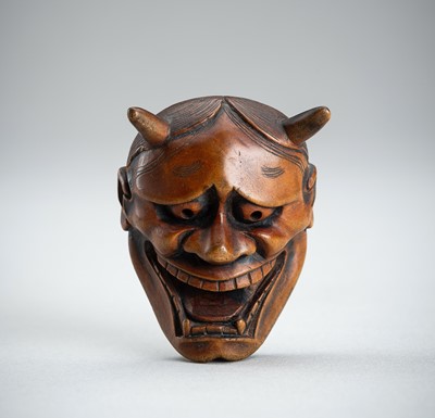 Lot 845 - A WOOD MASK NETSUKE OF HANNYA, EDO PERIOD