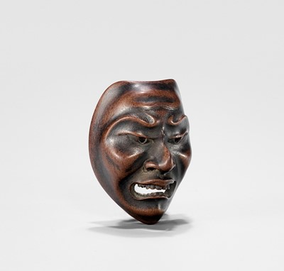 Lot 829 - DEME: A NOH WOOD MASK NETSUKE OF YORIMASA, EDO PERIOD