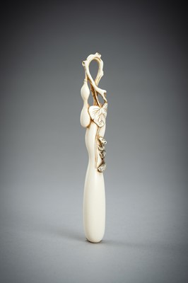 Lot 731 - A LARGE IVORY SASHI NETSUKE OF A DORMOUSE ON A GOURD, MEIJI