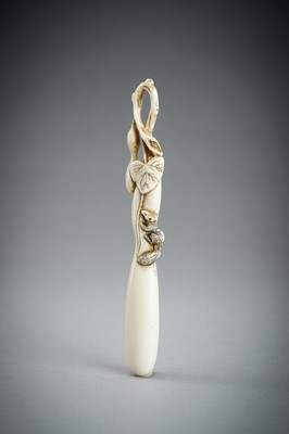 Lot 731 - A LARGE IVORY SASHI NETSUKE OF A DORMOUSE ON A GOURD, MEIJI