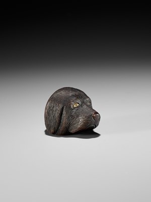 Lot 247 - CHIKUSAI: A RARE WOOD NETSUKE DEPICTING THE HEAD OF A DOG