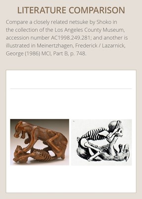 Lot 347 - A FINE WOOD NETSUKE OF A WOLF AND SKELETON, ATTRIBUTED TO SHOKO