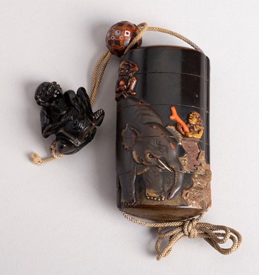 Lot 484 - AN INLAID LACQUER FOUR-CASE INRO WITH ISLANDERS, EDO