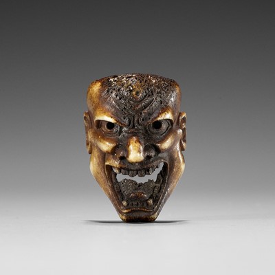 Lot 831 - A SUPERB STAG ANTLER MASK NETSUKE OF HANNYA