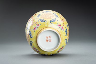 AN ENAMELED ‘LOTUS AND SHOU’ BOWL, TONGZHI MARK AND PROBABLY OF THE PERIOD