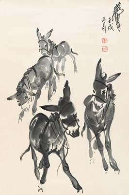 Lot 278 - A PAINTING WITH DONKEYS, MANNER OF HUANG ZHOU (1925-1997)