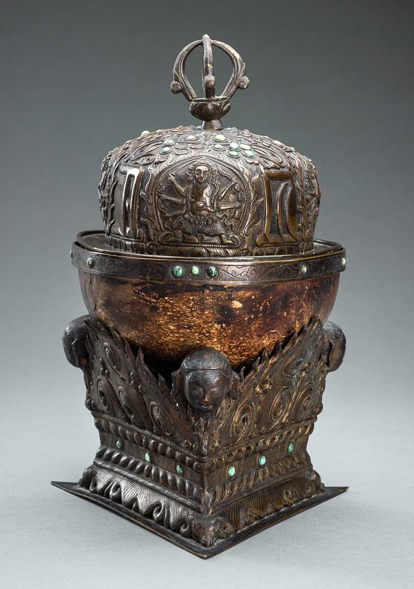 Lot 204 - A COPPER MOUNTED KAPALA AND STAND, 19TH