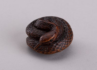 Lot 856 - SARI: A WOOD NETSUKE OF A SNAKE, 19th CENTURY