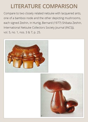 Lot 283 - ZESHIN: A WOOD NETSUKE OF A REISHI FUNGUS WITH LACQUERED ANTS