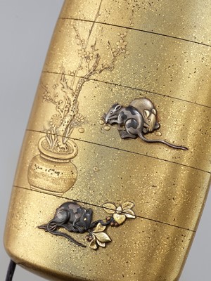 Lot 331 - A FINE METAL-INLAID GOLD LACQUER FOUR-CASE INRO DEPICTING RATS AND HORSES