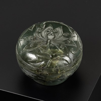 Lot 107 - A SPINACH-GREEN JADE COSMETICS BOX AND COVER, 18TH CENTURY