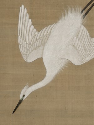 Lot 74 - OOKA SHIHO: A FINE AND LARGE PAINTING OF A HAWK CHASING CRANE