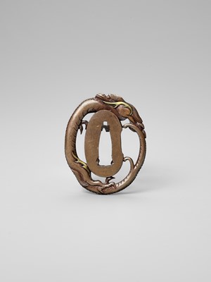 Lot 434 - A FINE AND SMALL KOFU SCHOOL TSUBA DEPICTING A DRAGON