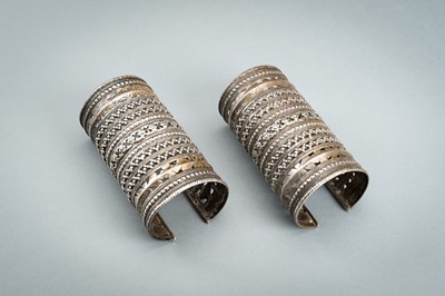 Lot 742 - A PAIR OF TURKOMAN OPENWORK SILVER BRACELETS, c. 1900s