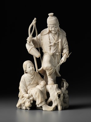 Lot 710 - GYOKUSHO: A FINE TOKYO SCHOOL IVORY OKIMONO DEPICTING A HUNTER