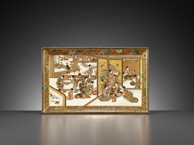 Lot 132 - SHIZAN: A MAGNIFICENT SATSUMA CERAMIC TRAY WITH TEMPLE SCENE
