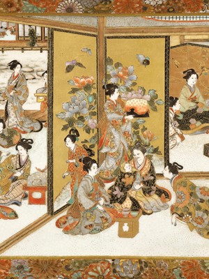 Lot 132 - SHIZAN: A MAGNIFICENT SATSUMA CERAMIC TRAY WITH TEMPLE SCENE