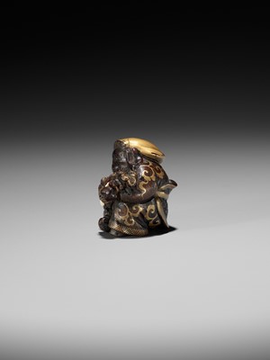 Lot 272 - A RARE AND UNUSUAL INLAID AND LACQUERED WOOD NETSUKE OF DAIKOKU